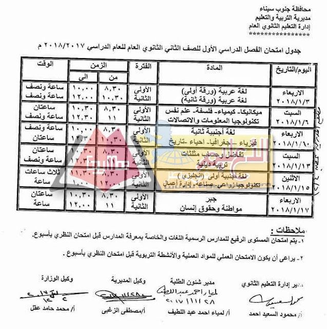 جدول امتحان نصف العام جنوب سيناء 2023 الصف الثاني الثانوي