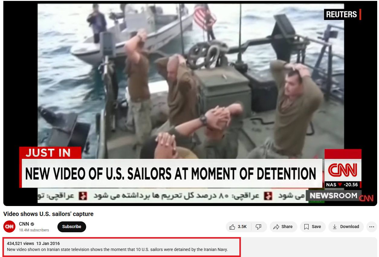 مقتطفات من فيديو اعتقال البحارة الأمريكيين، نشرته شبكة CNN في 13 يناير/كانون الثاني 2016.