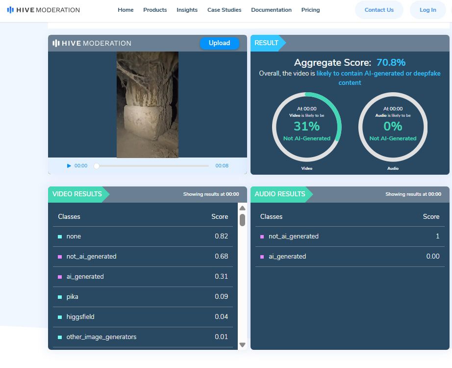 نتائج فحص الفيديو عبر أداة Hive Moderation