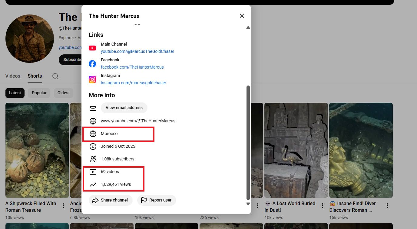 لقطة شاشة لبيانات قناة The Hunter Marcus عبر يوتيوب