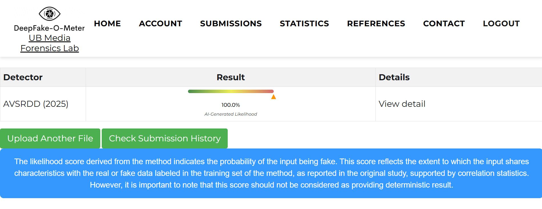 نتائج فحص الفيديو عبر أداة Deep Fake O Meter