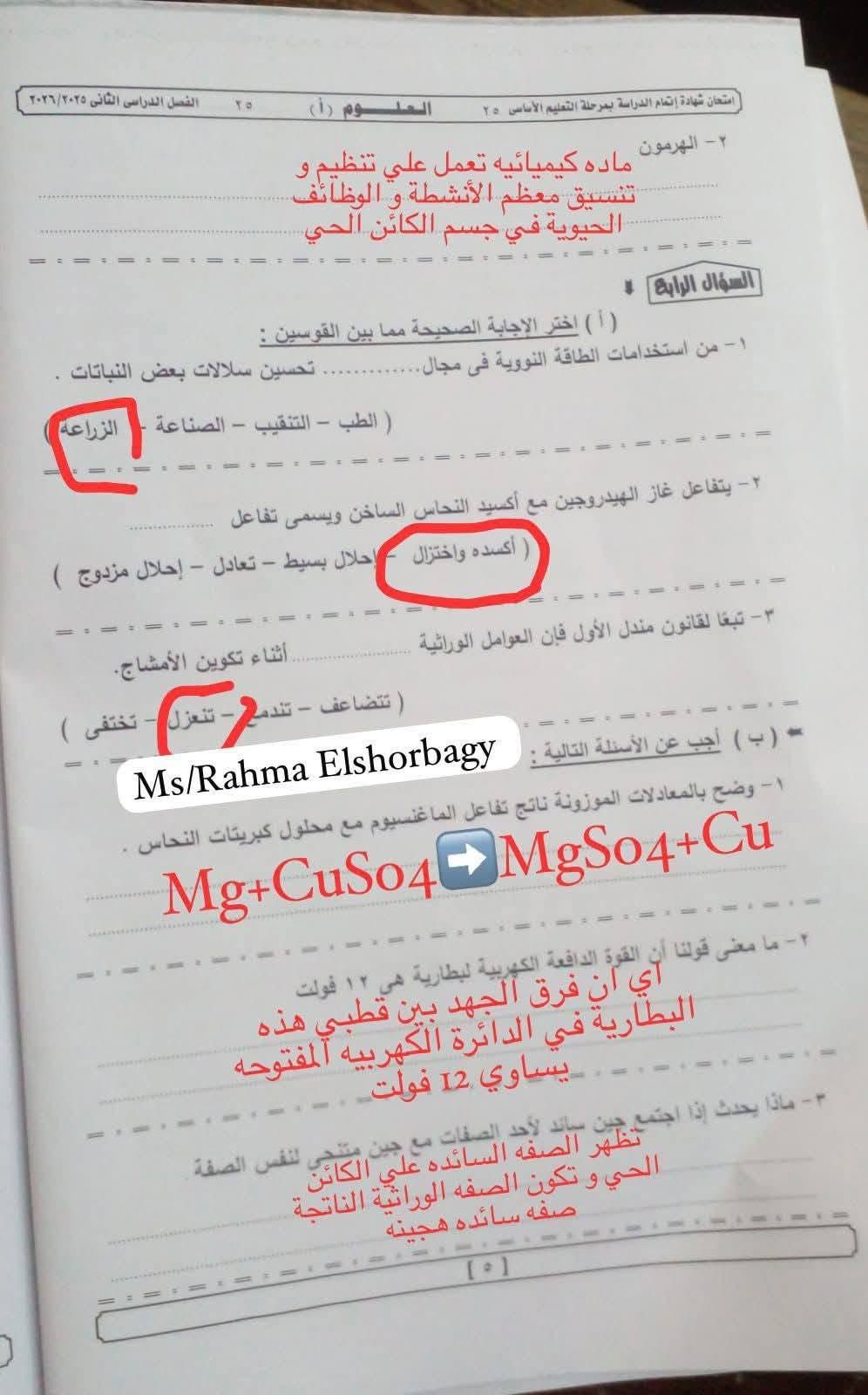 امتحان العلوم الصف الثالث الإعدادي 2026