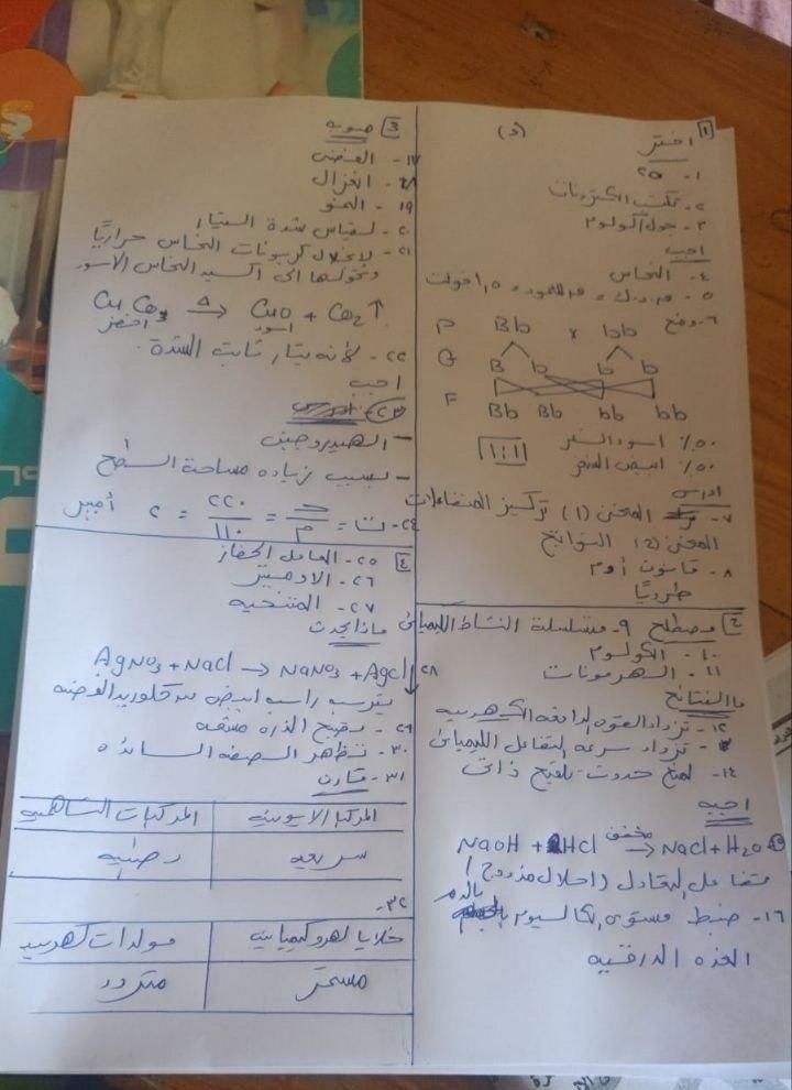 إجابة امتحان العلوم للشهادة الإعدادية 2026 محافظة القاهرة