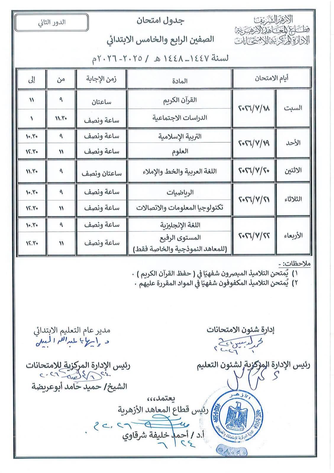 جداول امتحانات الدور الثانى للابتداية والإعدادية الأزهرية (8)