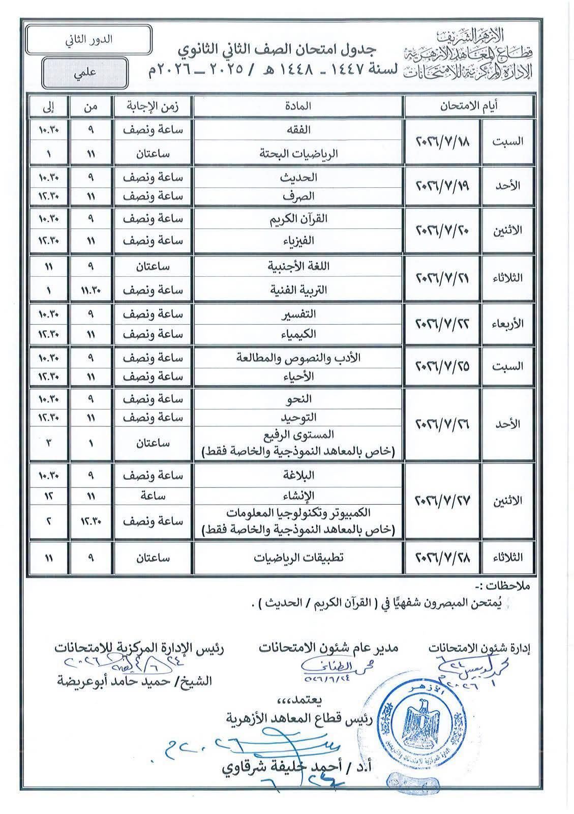 جداول امتحانات الدور الثانى للابتداية والإعدادية الأزهرية (9)