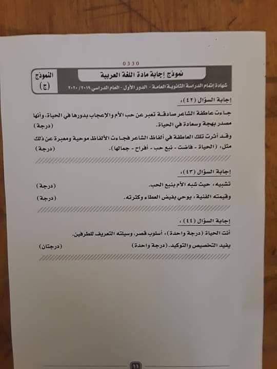 نموذج إجابة امتحان مادة اللغة العربية لطلاب الثانوية العامة (2)