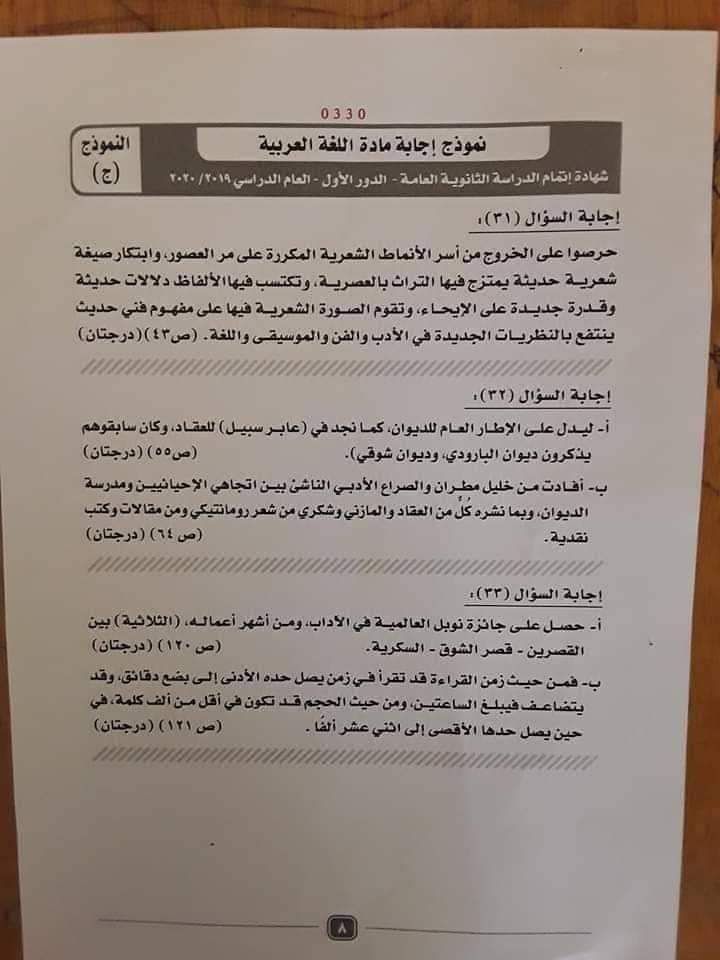 نموذج إجابة امتحان مادة اللغة العربية لطلاب الثانوية العامة (4)