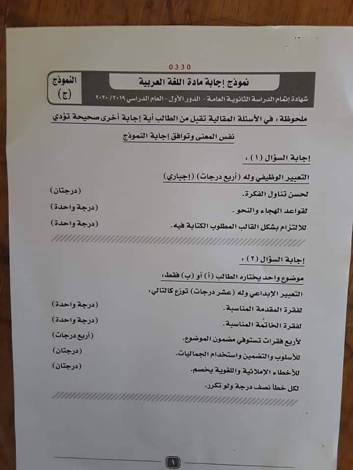 نموذج إجابة امتحان مادة اللغة العربية لطلاب الثانوية العامة (11)