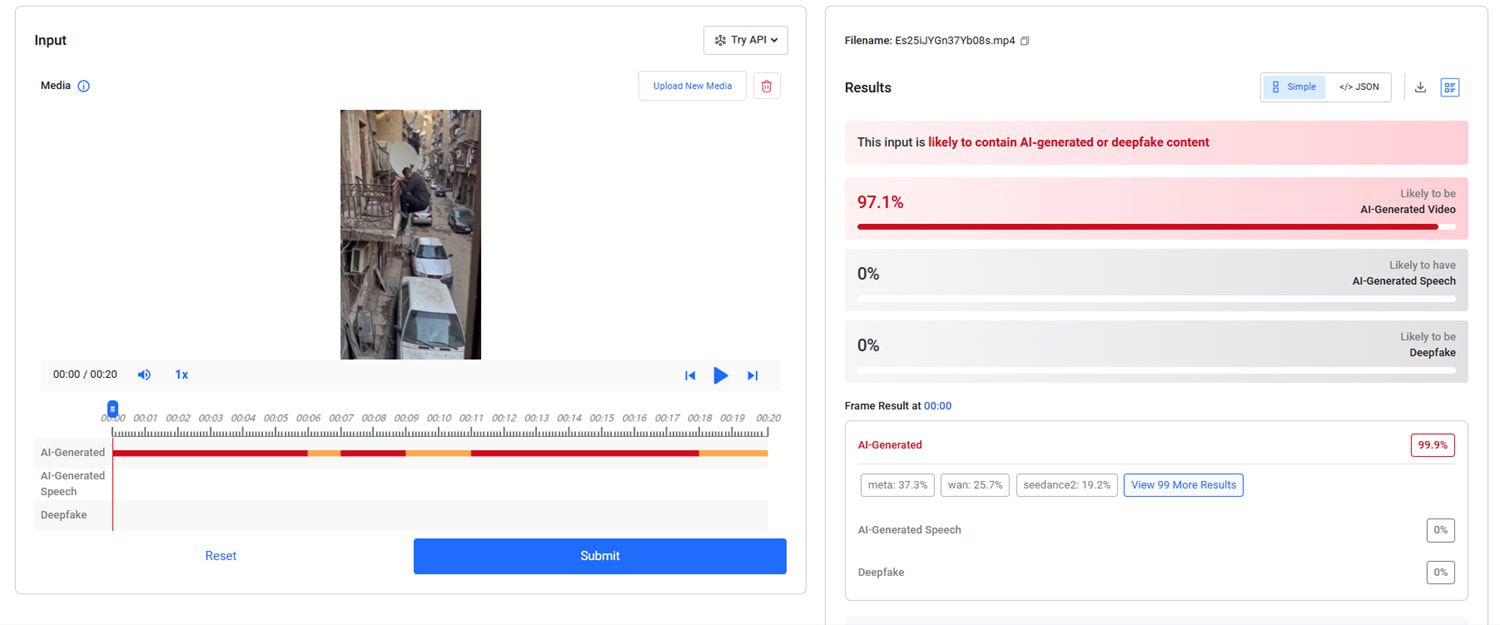 نتائج فحص أداة Hive Moderation للفيديو
