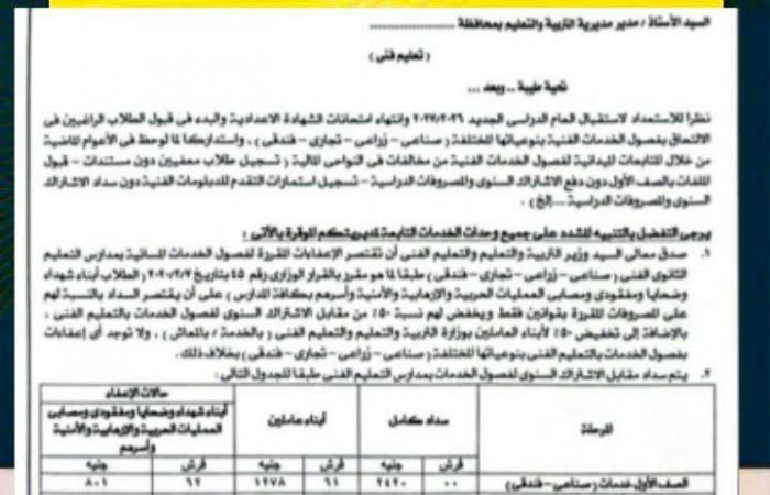 بالبلدي : ضوابط
      وقيمة
      مصروفات
      القبول
      في
      فصول
      الخدمات
      بالتعليم
      الفني
      2027