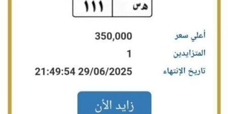 بالبلدي: بـ
      350
      ألف
      جنيه..
      «المرور»
      تطرح
      التزايد
      على
      لوحة
      سيارة
      مميزة