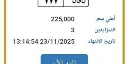 بالبلدي: بـ
      225
      ألف
      جنيه..
      المرور
      تطرح
      التزايد
      على
      لوحة
      سيارة
      مميزة