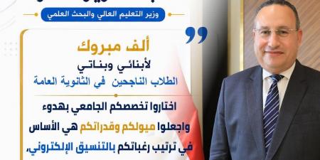 بالبلدي : بعد
      إعلان
      نتيجة
      الثانوية
      العامة
      2026..
      "التعليم
      العالي"
      يوجه
      رسائل
      مهمة
      بشأن
      التنسيق
      الإلكتروني