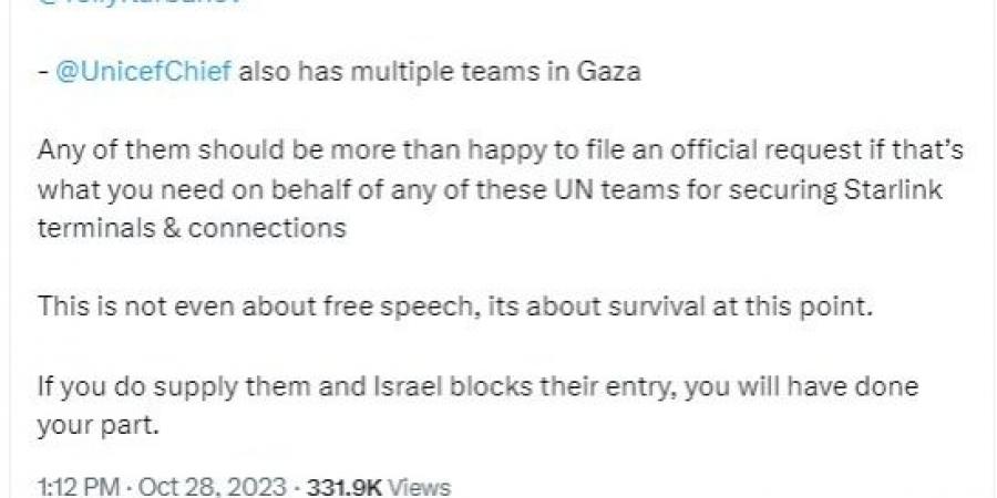 بالبلدي: إيلون ماسك: ندعم الأمم المتحدة ومنظمات الإغاثة فى غزة