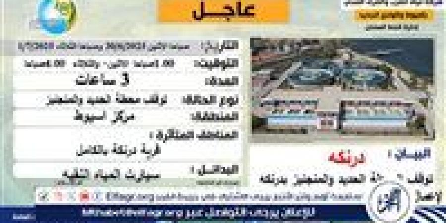 بالبلدي: انقطاع
      المياه
      عن
      قرية
      درنكة
      فى
      أسيوط
      لمدة
      3
      ساعات
      يوميا
      غدا
      وبعد
      غدا