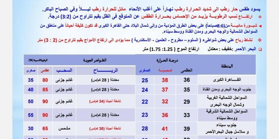 بالبلدي: طقس
      شديد
      الحرارة
      ورطوبة
      مرتفعة
      غدًا
      الخميس
      3
      يوليو
      2025..
      وتحذيرات
      من
      الشبورة
      على
      الطرق
