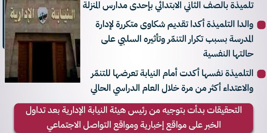 بالبلدي : قرار
      هام
      للنيابة
      الإدارية
      في
      واقعة
      تعرض
      تلميذة
      للتنمر
      في
      الدقهلية
      «انفوجراف»