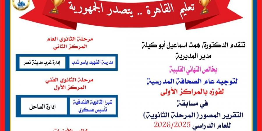 بالبلدي: تعليم
      القاهرة
      يحصد
      المركزين
      الأول
      والثاني
      جمهوريًا
      في
      مسابقة
      التقرير
      المصور
      للمرحلة
      الثانوية